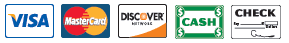 We Accept Visa, MasterCard, Discover, Cash, Check